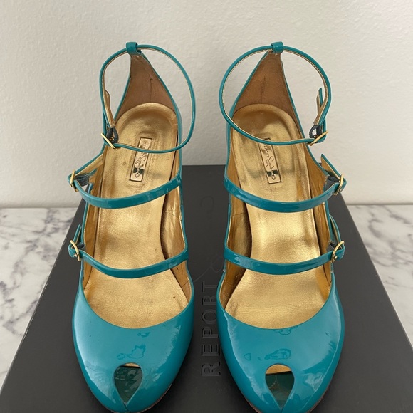Beautiful patent teal turquoise blue report signature open toe heels - Picture 3 of 3